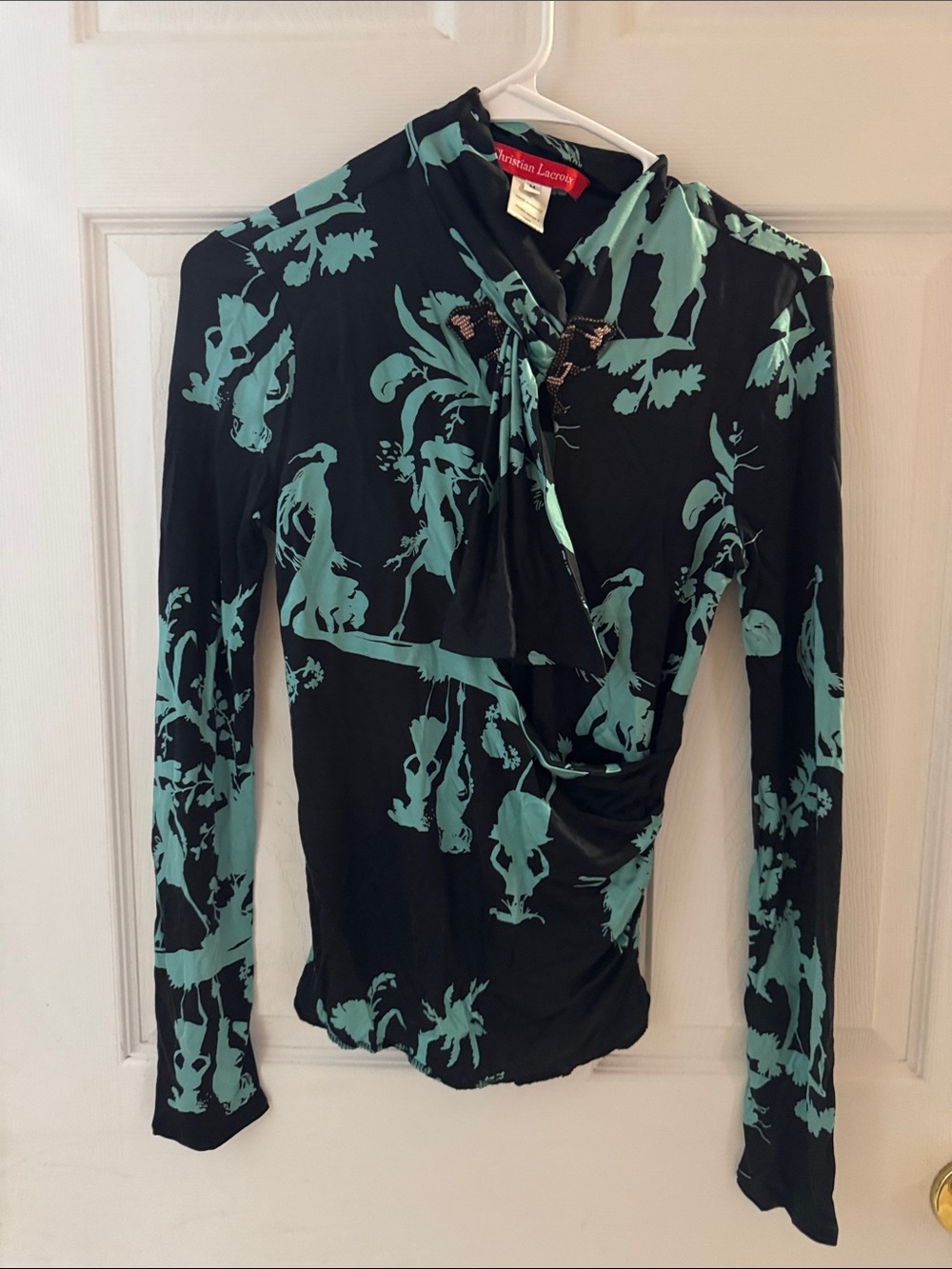 Christian Lacroix Black and Teal Figure-Print Long Sleeve Wrap Blouse